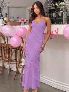 Women's Backless Bodycon Spaghetti Strap Elegant Ruffle Maxi Cocktail Party Dresses, 2025 QMO3 - Purple - View 9