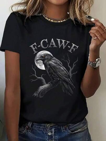 Plus Size Women's Daily "F-CAW-F" Letter & Crow, Moon, Dead Tree Graphic Round Neck Short Sleeve T-Shirt, Suitable For Spring, Summer, Autumn. This Plus Size Tee Can Also Be Worn As Christmas Outerwear, Vacation Outfit, Holiday Attire, Valentine's Day Top, Valentine's Outfit, Carnival Costume, And Office Wear. Casual Black