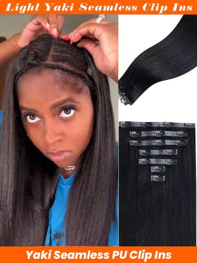 Yaki Straight Seamless Clip Ins 7pcs Per Set Seamless PU Clip In Hair Extensions Real Human Hair Invisible PU Skin Weft Light Yaki Clip Ins 100% Unprocessed Human Hair Extensions