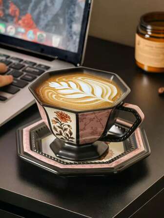 1 套复古咖啡杯碟套装，八角形法国玫瑰陶瓷杯碟，优雅奢华下午茶套装，送给朋友、家人、母亲节的完美礼物