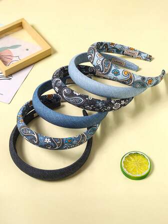 2/6 件牛仔布头带，复古印花头巾，优雅皇冠头饰，适合日常通勤和工作