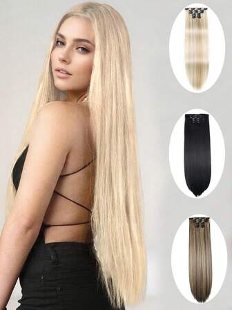 24 Inch 16Clip-In Hair Extensions Straight Hair Synthetic Hair Extensions Black Brown Light Brown Colorful Natural Long Straight Hair Synthetic Fiber Heat Resistant For Women's Everyday Glam & Festival Hairstyles