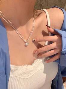 1 pieza Collar con colgante de corazón cepillado simple, joyería para mujer de plata de ley 925, collar de clavícula de lujo ligero, regalos de joyería fina para chicas para la vida diaria, citas y decoración - Estilo 3 - Ver 9