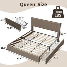 Modern Bed Frame, Full/Queen/King Size Platform Bed Frame With 4 Storage Drawers, Upholstered Corduroy Channel Tufted Headboard Bed Frame With Strong Wooden Slat Support, No Box Spring Needed - 棕色-大號 - 查看 3