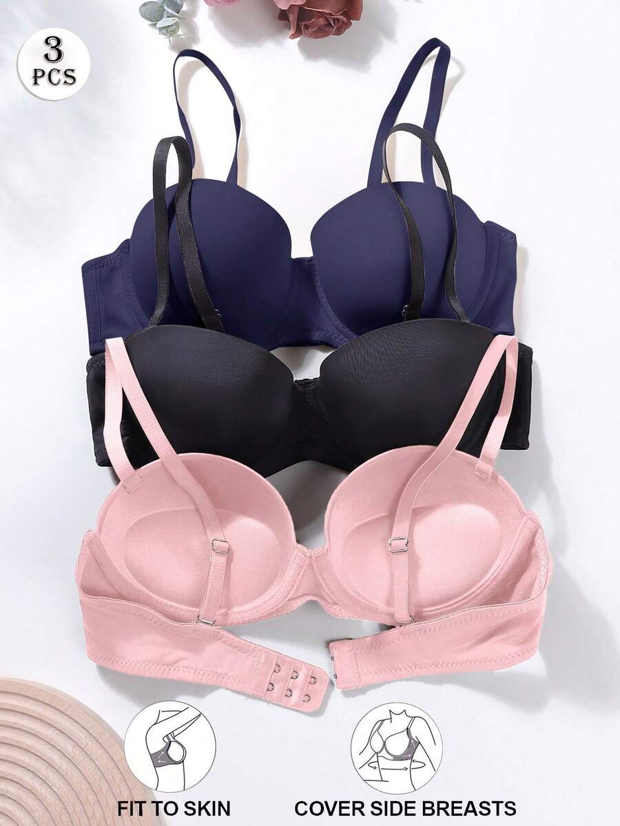 Set de 3 sujetadores de mujer de unicolor con aros y tirantes desmontables (se recomienda pedir una talla talla grande)