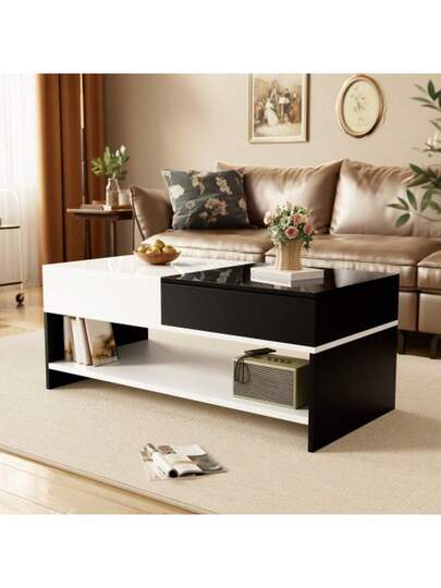 Moderne Coffee Tafel Drawers Zwart Wit Storage Space, High Gloss Tabletop, 100 Cm Long