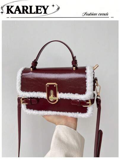 1pc Women's Handbag, New Autumn/Winter Lamb Wool Tote Bag, Versatile Fluffy Lock Shoulder Bag, Fashionable Square Bag, Coffee Brown, Burgundy