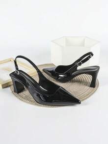 女士黑色高跟鞋，粗跟鞋，正式礼服鞋，尖头套脚凉鞋，厚底鞋 - 黑色 - 查看 2