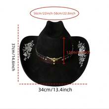 Women Men Embroidery Cowgirl Hat Wide Brim Cattle Head Belted Wool Hat Felt Jazz Cap For Party - Cà phê nâu - Xem 7