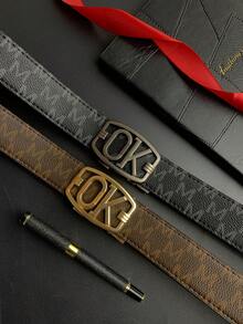 1 pieza Cinturón de hombre de negocios con hebilla automática, 3.5" de ancho con diseño en forma de M, versátil y casual, para hombres de mediana edad y jóvenes, cinturón de piel de PU con estampado de letras, apto para todas las estaciones, estilo vintage de dinero antiguo, atuendo urbano de otoño/invierno, moda clásica, regalo diario para novio