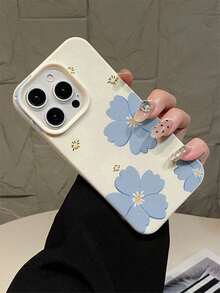 Estuche suave antideslizante moderno y avanzado con patrón de lichi de grandes agujeros en blanco y patrón de flores grandes en azul, compatible con Iphone 16Pro Max/14 Pro/13 Pro Max/12 y otras series, estuche protector anticaídas todo incluido creativo personalizado. - Multicolor - Ver 3