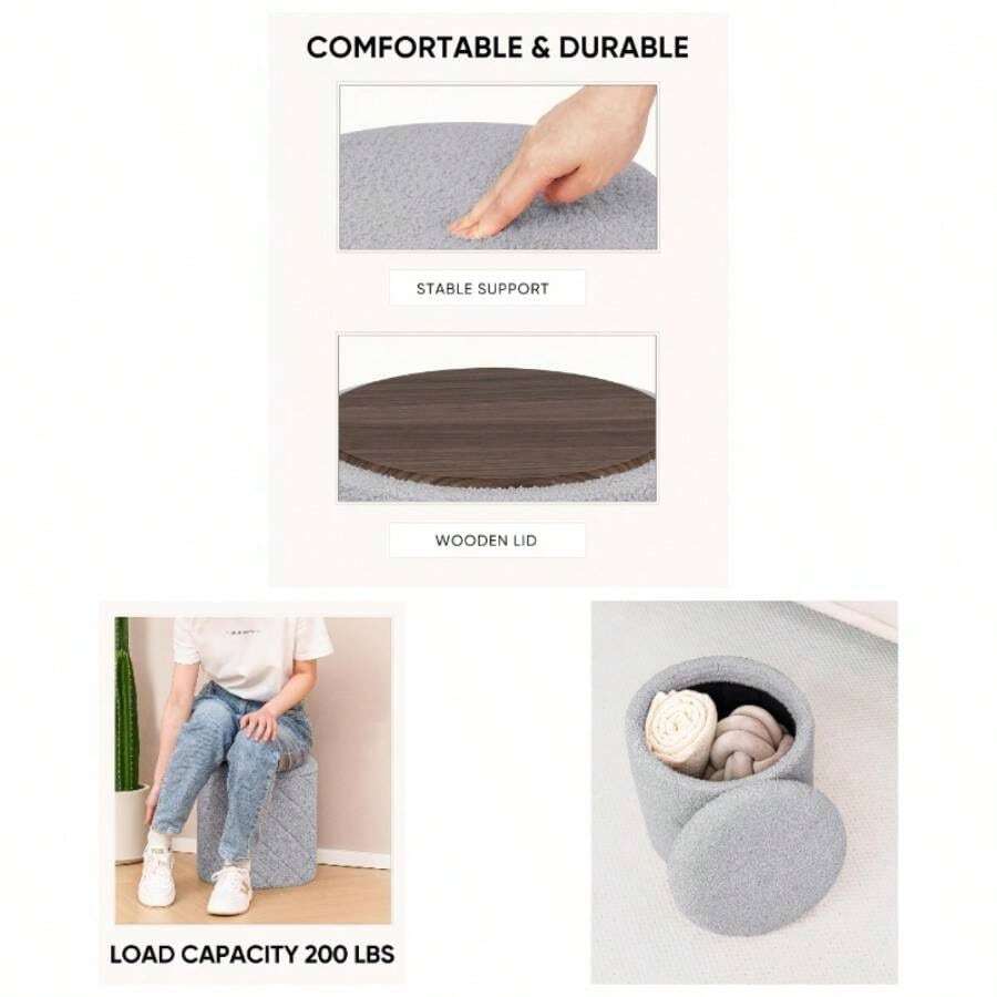 16.9 Inch Foldable Black Round Ottoman With Hidden Storage, Soft Faux Teddy Fur Footrest Side Table, Living Room, Bedroom