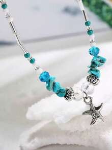 1pc Vintage Minimalist Women Anklet With Geometric Turquoise Starfish Charm, Versatile Beach/Daily Accessory - Turquoise Starfish Anklet - View 5