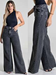 Women's Wide Leg Black Marbled Mid-Rise Wide Leg Jeans - Xám - Xem 4