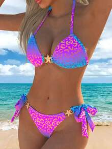 女士时尚两件式比基尼套装，星形装饰和豹纹印花高弹力沙滩装夏季度假 - 彩色 - 查看 3