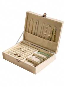 1个优雅三层首饰收纳盒，带抽屉 - 长方形布艺耳环架，防尘展示盒，完美的家居装饰品。男女皆宜。天鹅绒抽屉美观且品质上乘。精致的水晶拉手方便取用三个隔层中的首饰，整齐收纳耳环、项链和戒指。 - 彩色 - 查看 13