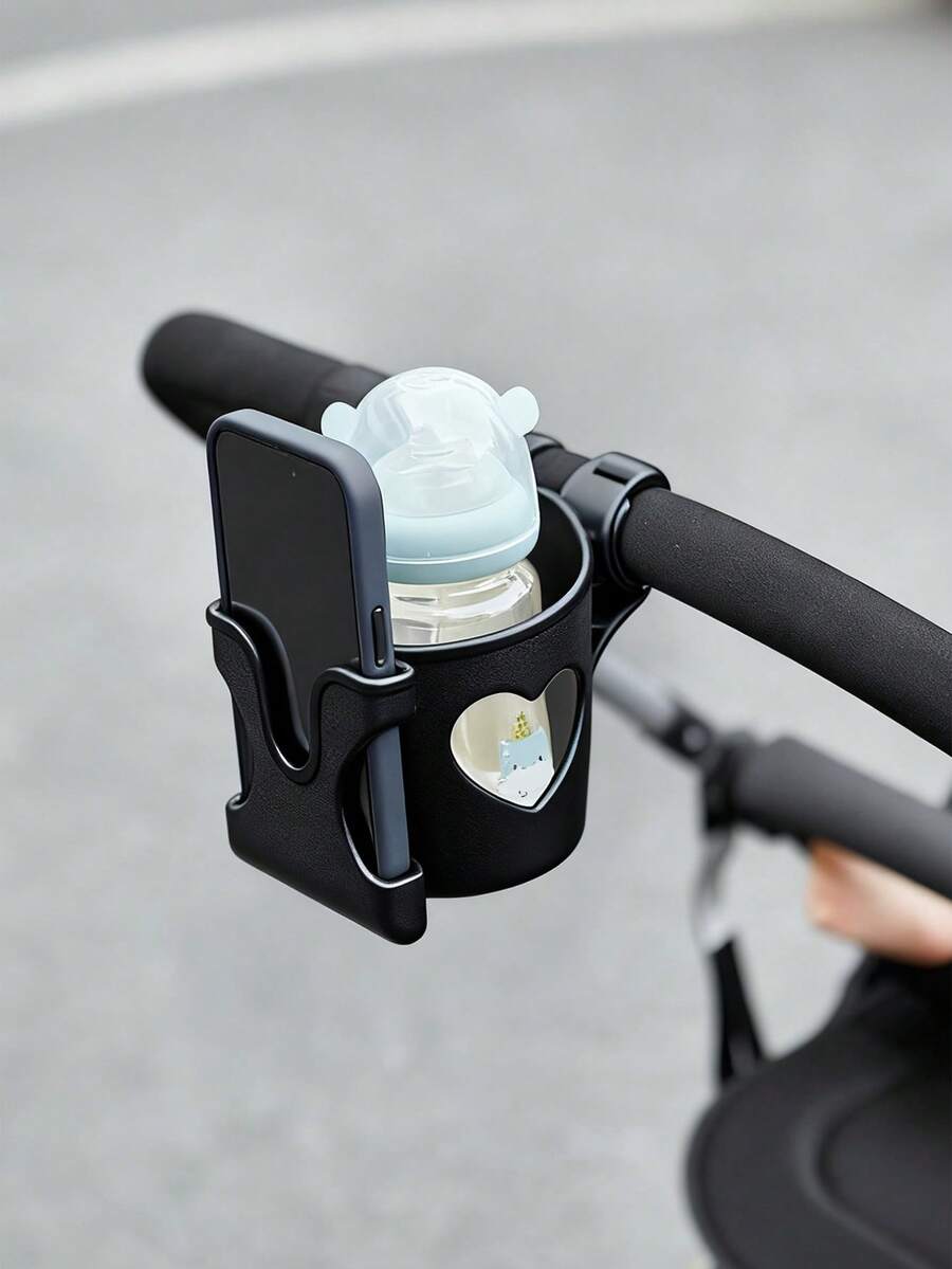 1pc Baby Stroller Cup Holder & Phone Holder, Multi-Functional Stroller Accessories With Bottle And Phone Holder, Adjustable Clamp, Suitable For 0-6 Years Old Children - Durable Material, Easy Installation / Strap Cup Holder Fits Round Bar Strollers - Black - View 1