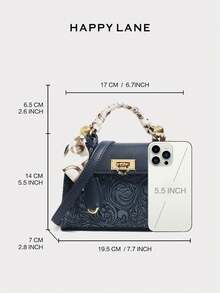 HAPPY LANE Fashionable Brown Patchwork Minimalist Style Handbag, Retro Vacation Vibe Shoulder Bag, Comes With Ribbon Accessory, Suitable For Business, Casual, Shopping, School, Front Twist Lock Handbag, Detachable Shoulder Strap, Crossbody Bag, Lightweight & Durable, Vintage Charm, Elegant & Unique Style For Women, Versatile For Any Occasion - 藏蓝色 - 查看 8