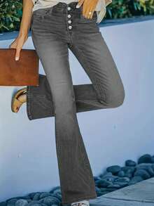Blugi gri pentru femei, cu talie înaltă, slim fit, cu un singur nasture - Pantaloni retro casual, skinny, elastici și versatili, din denim - Gri - Vizualizare 3