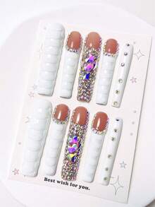 nailrosy 10Pcs Handmade Press On Nails Kit Extra Long Square White Line Art Bling Glitter Glistening Iridescent Luxurious Rhinestone Decor Christmas Wedding Birthday Party Acrylic Nail Supplies Press On Acrylic Nail Tips - White - View 12