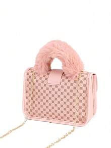 1pc Girls Vintage Print Plush Handbag, Cute Metal Chain Crossbody Bag, Casual Date Phone Pouch, Ideal Gift - Pink - View 4