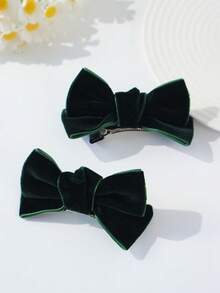 2pcs Elegant Cute Versatile Velvet 3D Bow Hair Clips For Girls - Dark Green - View 3