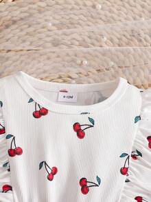 女婴可爱优雅长袖连体衣，带蝴蝶结和樱桃印花（1-3个月，3-6个月后背开口水滴形设计） - 紅色 - 查看 4