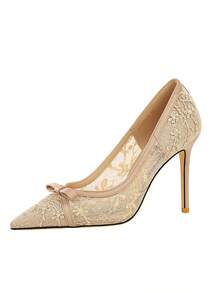 European & American Style Bowknot, Sequin, Lace Mesh Pointed Toe Thin Heel High Heel Pumps, Women's Party Shoes,Stilettos Heels - Champagne - View 7