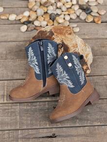 Children's Vintage Casual Embroidered Square Toe Boots, Suitable For All Seasons - Blue - View 4