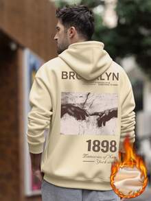 Zrgoth Sudadera con capucha con bolsillo canguro y estampado gráfico con tema de Brooklyn para hombre, estilo callejero, otoño/invierno - Albaricoque - Ver 2