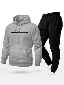 Unisex Paris Print Sweatshirt Set, Hoodie, Pants And Kangaroo Pocket Top - Xám - Xem 2
