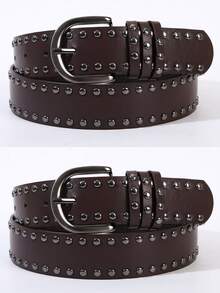 1pc/2pcs Women's Metal Buckle Double Row Rivet Solid Color Punk PU Leather Solid Stud Decor Waist Belt Accessory, Suitable For School, All Seasons, Gift For Women