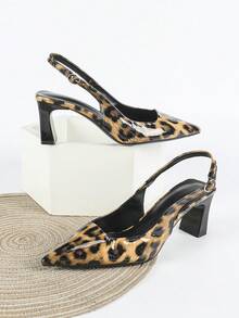 Women's Sexy Leopard Print High Heel Pumps, Thick Heel Dress Shoes, Slip-On Pointed Toe Sandals,Kitten Heels