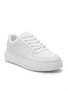 Women's Casual Sneakers, White, Non-Slip Soft Sole, Lightweight, White Shoes, Couple Style, Platform, Round Toe Lace-Up, Available In Plus Size 43-45