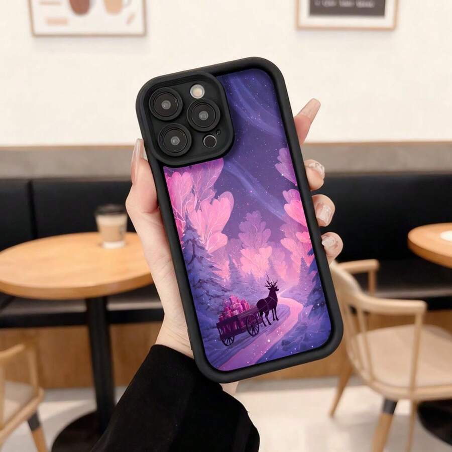 Phone Case With Black Border And Magical Forest Design In Purple And Pink Tones, Featuring Deer And Carriage, Ideal For Daily Use And Special Occasions Suitable For Apple Series Phones - Black - View 1