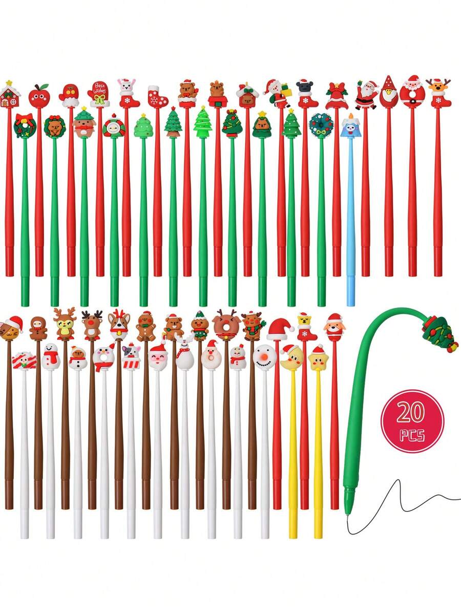20支/套圣诞卡通中性笔，趣味圣诞树、雪人、姜饼人造型，中性墨水圆珠笔，适合作为圣诞派对礼物、办公及家居用品