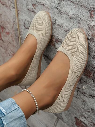 女士平底休闲针织鞋，舒适透气运动鞋，纯色套脚乐福鞋，工作鞋，适合妈妈们穿着