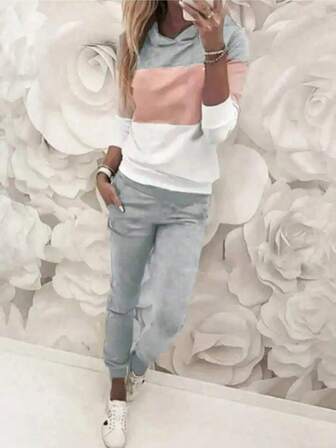 Plus Size Women Casual Color Block 2 Pieces Set, Autumn