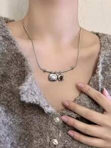 韩国时尚复古几何虎眼石仿珍珠吊坠银色蛇形链颈链女士珠宝 - 銀色 - 查看 4