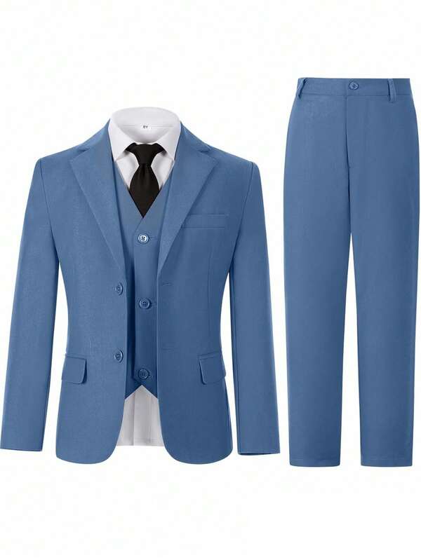4pcs Boys Suit Set, Toddler Tuxedo Formal Wear, Wedding Pageboy Outfit Including Jacket, Vest, Pants And Tie, Suitable For Children, Available In Blue And Gray, Size 6-16 Years