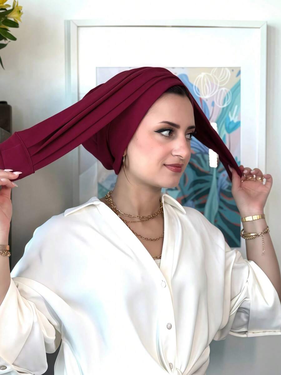 女士经典二合一速戴头巾/发带，高弹褶皱设计，吸湿排汗针织面料，适合穆斯林日常生活及外出着装。