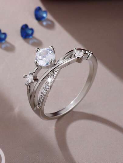 1pc Elegant & Luxurious Round WhitZirconiaon Ring, Romantic Gift For Women