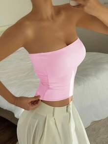 Áo hai dây không đường may, màu trơn, co giãn, ôm sát dành cho nữ của Vaiaye, áo tank top cơ bản không dây thời trang cho mùa xuân và hè, màu hồng, phong cách thường ngày. - Hồng - Xem 9