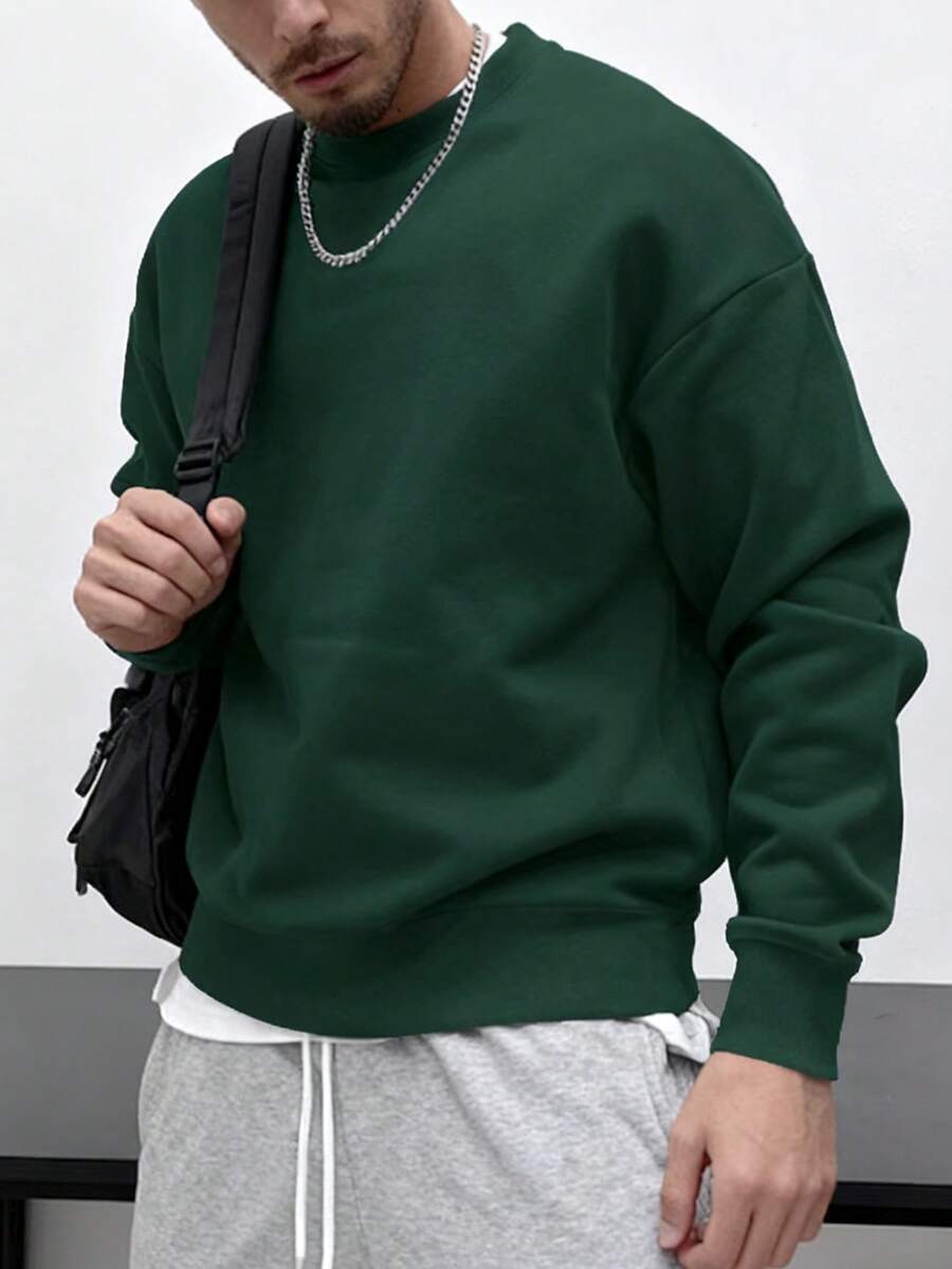 Men's Casual Sports Sweatshirt - Solid Color, Long Sleeve, Knit Fabric, H-Silhouette, Suitable For Hiking And Outdoor Activities, Polyester Material, Crew Neck, Autumn/Winter Sports Jacket Spring - Dark Green - View 1