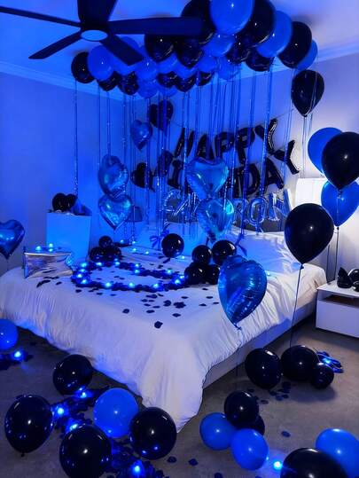 Kit de globos de cumpleaños azul y negro de 583 piezas, 500 pétalos de tela no tejida, pancarta de "Feliz Cumpleaños" de 16", 8 globos de corazón de aluminio de 18", globos de látex gruesos, adecuado para fiesta de cumpleaños de hombres, fondo de fiesta de color oscuro, decoración romántica para el dormitorio, decoración para fiesta de cumpleaños sorpresa de medianoche, telón de fondo para fotos de influencers, aniversario, decoración del hogar, telón de fondo para fiestas, organizador de eventos