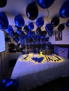 583pcs Blue & Black Birthday Balloon Kit, 500pcs Non-Woven Fabric Petals, 16" Happy Birthday Banner, 8pcs 18" Foil Heart Balloons, Thick Latex Balloons, Suitable For Men's Birthday Party, Dark Color Aesthetic Party Background, Romantic Bedroom Decor, Midnight Surprise Birthday Party Decor, Influencer Photo Backdrop, Anniversary, Home Decor, Photo Backdrop, Party Organizer, Event Planner - Multicolor - View 9