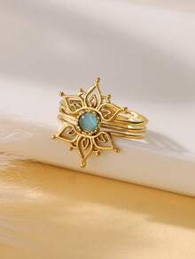 1 pieza Anillo de flor hueco de moda para mujeres y hombres, color dorado, de acero inoxidable con diseño geométrico, joyería estética para boda, regalo de pareja