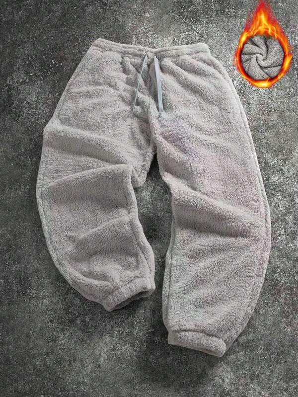 Męskie spodnie z szarego polaru, ciepłe, ściągane sznurkiem, grube, codzienne spodnie na zimę