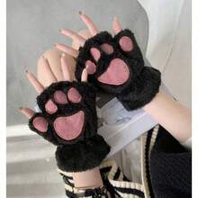 1 Pair Of Cute Cat Claw Fingerless Gloves, Thick, Warm, And Cold Resistant Plush Gloves, Suitable For Daily Use By Winter Girls, With A Rope - màu đen - Xem 10