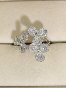 خاتم أنيق فاخر من الذهب/الفضة بتصميم البرسيم المرصع بالزركونيا، مناسب للنساء للاستخدام اليومي والأعمال والحفلات والزفاف والسفر وهدايا عيد الفطر وعيد الأضحى